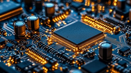 Poster - Closeup reveals a detailed electronic circuit board illuminated by luminous components, showcasing complex connections and circuitry in a high-tech design