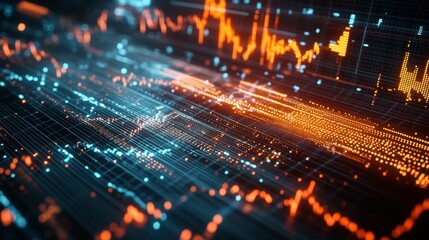 Poster - A closeup reveals a dynamic stock market graph with fluctuating lines and diverse chart patterns, set against an active digital background