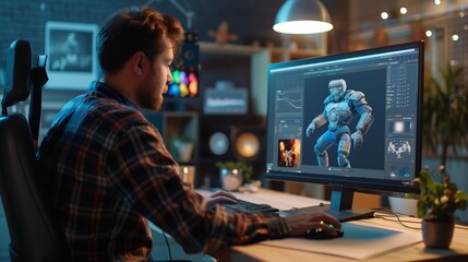 Poster - creative artist designing a sci-fi character in a modern workspace at night