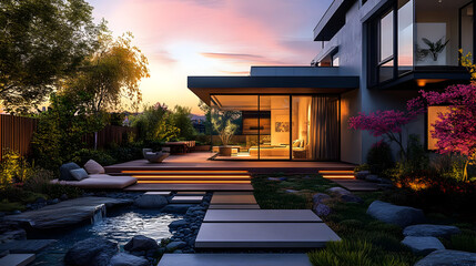 Wall Mural - Modern Home Backyard with Stone Pathway and Pond - 3D Illustration