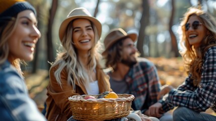 Wall Mural -  A group gathers in the woods, seated around a shared basket of food