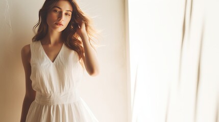 Woman in White Dress with Long Brown Hair by Window