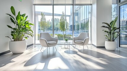 The entrance features clean white decor, two stylish chairs, and vibrant greenery, creating an inviting workspace filled with natural light