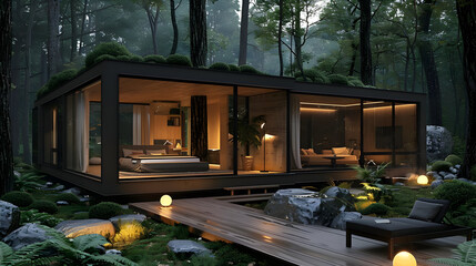 Poster - Modern Cabin with Green Roof in Forest 3D Illustration