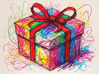 Canvas Print - Christmas present in chaotic scribbles crayon drawing style