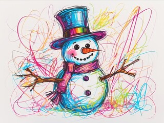 Wall Mural - Snowman in chaotic scribbles crayon drawing style