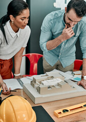 Poster - architecture, 3d floorplan and business people in meeting in office with design, blueprint or buildi