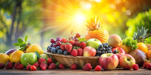 Wall Mural - A stunning visual of fresh fruits in morning light, showcasing their natural beauty and freshness , fruits, morning, sunlight