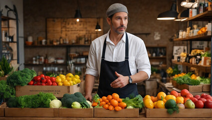 Seller of fresh farm vegetables and fruits behind the counter at the market in a fresh food store.