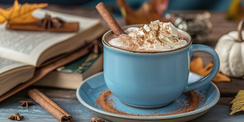 A blue coffee cup with whipped cream and cinnamon on top sits on a blue plate. The cup is placed on a wooden table next to a book. The scene conveys a cozy and relaxing atmosphere