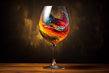 Poster - Artful swirl of vibrant colors in a clear wine glass set against a warm, dark background