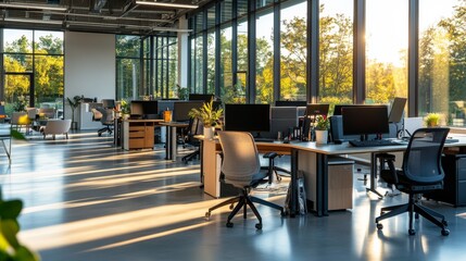 Poster - A bright open-plan office features workstations with computers and chairs, illuminated by warm natural sunlight streaming through large windows