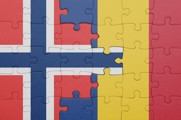 puzzle with the colourful national flag of romania and flag of norway .