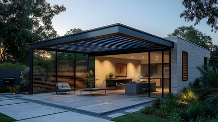 Poster - Modern Patio With Black Steel Pergola 3D Illustration