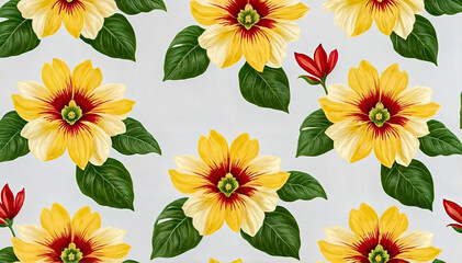 Wall Mural - Seamless Floral Pattern with Yellow Flowers and Green Leaves