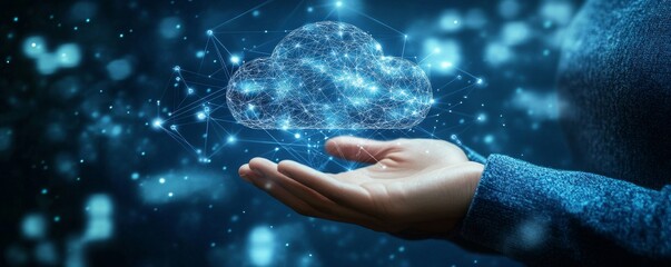 Aufkleber - Hands and fingers tap cloud service holograms, synchronizing devices