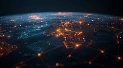 Fototapete - A wide-angle view showcases a futuristic global network, featuring glowing connections and nodes illuminating the dark landscape