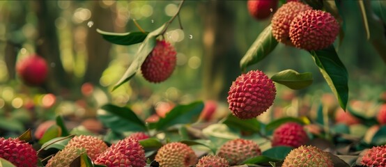 Sticker - Lychee Fruit Spread Across Lush Forest Ground Under Soft Morning Light