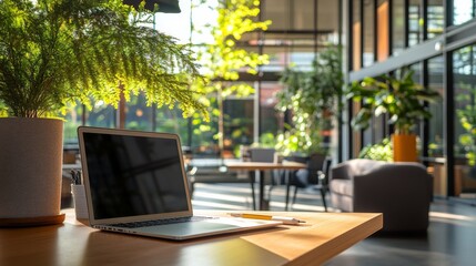 Poster - A vibrant open office space showcases a laptop on a desk with lush greenery and ample natural sunlight creating a fresh and inviting atmosphere