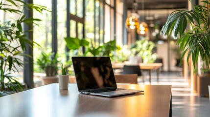 Poster - A spacious open office displays a laptop on a sleek desk surrounded by vibrant plants and natural light, creating an inviting work environment