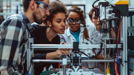 Poster - group of students in lab engaged in robotics project during afternoon class