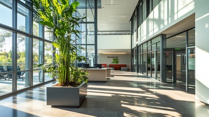 Poster - A bright and airy modern office interior showcases an open workspace with glass walls and a vibrant green plant, creating an inviting atmosphere for collaboration