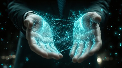 Poster - dark background with an image of a businessman holding a digital network projection.