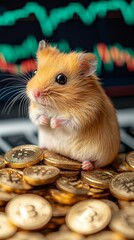 Poster - A hamster is sitting on a pile of Bitcoin coins next to a digital trading chart.