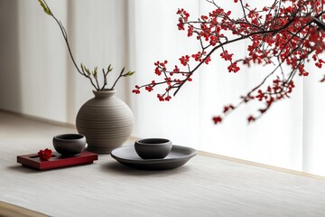 Wall Mural - Red berries branch decorating a zen space with teacups and vase