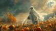 © spyrakot - Spooky Halloween Scarecrow with Ghostly White Sheet in a Field of Pumpkins Under Moonlight