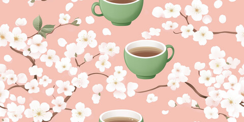 Poster - Spring celebration of cherry blossoms, green tea cups, and mochi on a delicate pink base, seamless pattern