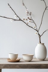 Wall Mural - Cherry blossom branch standing in a white vase decorating a minimalist interior design