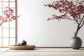 Wall Mural - Empty minimalist room with tatami mat and bonsai tree displaying japanese style decoration