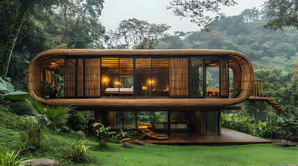 Poster - Modern bamboo house in lush forest.