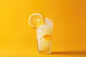 Wall Mural - ice water in glass with sliced oranges on orange background