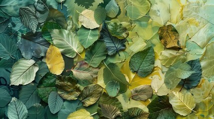 Poster - A collection of green and yellow leaves, some partially decayed, lie on a surface, likely a table or ground, in a close-up shot. The vibrant colors and detailed textures of the leaves are visible, sho