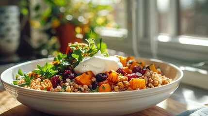 a mixed grain breakfast bowl with farro, roasted butternut squash, cranberries, and a dollop of Greek yogurt, served on a white ceramic plate with a background of a sunny kitchen window