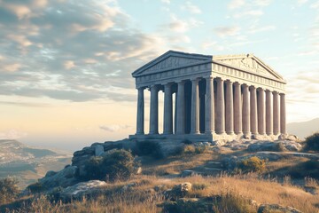 An ancient greek temple standing proudly on a mountain top overlooking the landscape