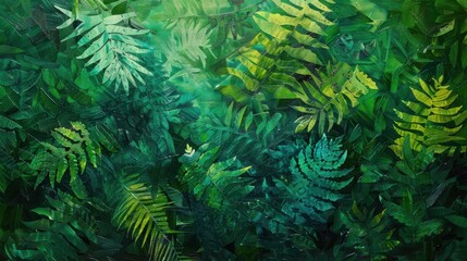 Wall Mural - A close-up shot of vibrant green fern leaves in a dense tropical forest. The leaves are arranged in a chaotic but beautiful pattern, creating a sense of depth and texture. Sunlight filters through the