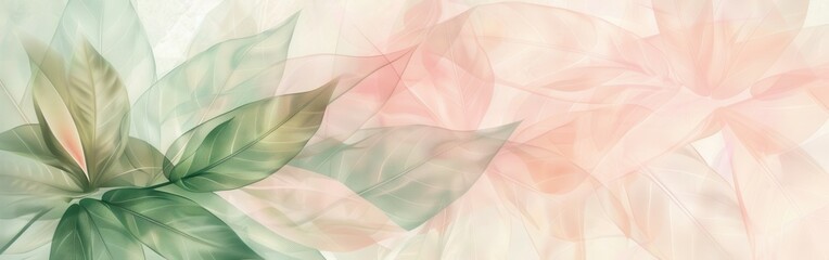 Poster - A watercolor painting depicting an abstract composition of overlapping green and pink leaves. The leaves are translucent, creating a sense of depth and movement. The background is a soft, light beige 