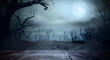 © Daniel - Old wood table and silhouette dead tree at night for Halloween background.