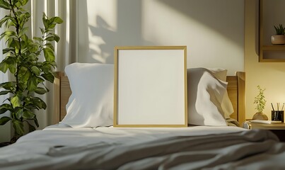 Poster - Closeup Minimalist Mockup Frame on Bed in Modern Bedroom