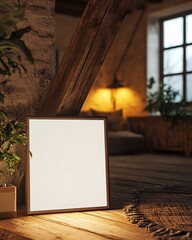 Poster - Closeup Minimalist Mockup Frame on Floor in Rustic Living Room