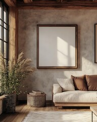 Poster - Closeup Minimalist Mockup Frame on Floor in Rustic Living Room