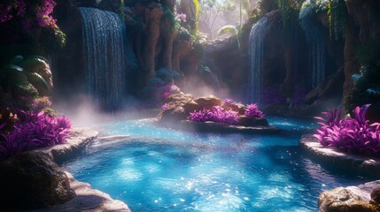 A serene hot spring oasis in a fantastical landscape, with steam rising gently from the water and exotic, glowing plants surrounding the springs