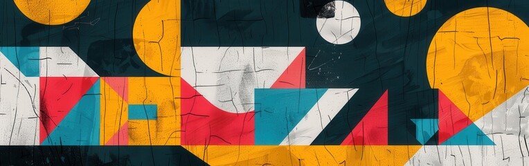 Poster - The image features a weathered wall adorned with brightly colored geometric shapes. Predominantly yellow, blue, red, and white, the shapes overlap and intersect, creating a dynamic and visually appeal