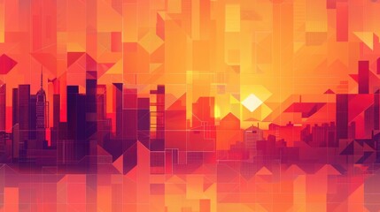 Poster - A vibrant, geometric cityscape with a bright orange sunset over tall buildings and a subtle reflection in the water below.