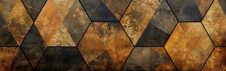 Poster - A close-up view of a wall covered in hexagon-shaped tiles in a variety of shades of brown and gold. The tiles have a textured, almost metallic finish, giving them a unique and modern look.