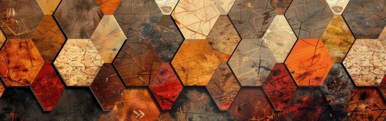 Aufkleber - A close-up view of a textured wall covered in hexagonal tiles. Each tile is a different shade of brown, orange, and red, with subtle patterns and cracks creating a visual tapestry of warmth and depth.