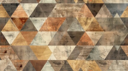 Leinwandbilder - A repeating pattern of wood-grain triangles in various shades of brown, beige, and gray. The wood has a weathered, distressed look, adding a rustic feel to the design.